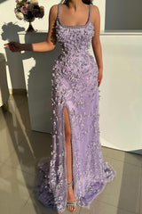 Fabulous Lilac Mermaid Spaghetti Strap Beaded Sleeveless Split Front Floor-Length Prom Dresses With Pearls And 3D Flowers