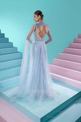 Fabulous Long A-line High Neck Long Sleeve Beading Prom Evening Dresses With Slit