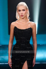 Fabulous Long Black Strapless Sexy Sequined Prom Evening Dresses with Slit