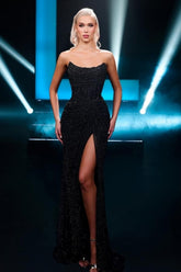 Fabulous Long Black Strapless Sexy Sequined Prom Evening Dresses with Slit