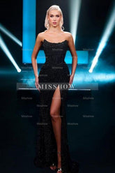 Fabulous Long Black Strapless Sexy Sequined Prom Evening Dresses with Slit