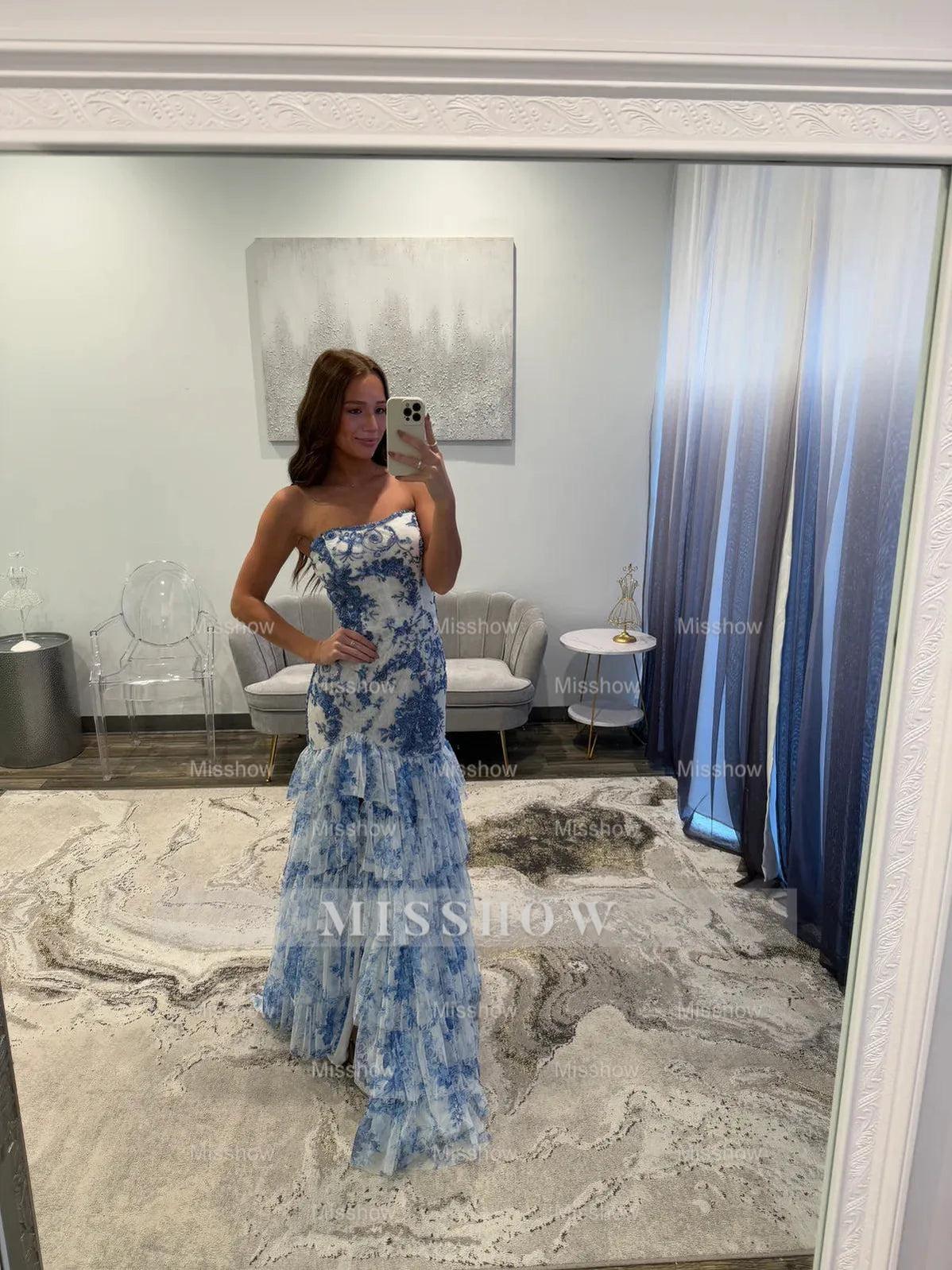 Fabulous Long Blue Strapless A-line Floral Prom Dress with Slit