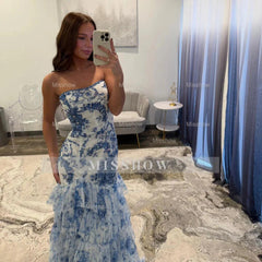 Fabulous Long Blue Strapless A-line Floral Prom Dress with Slit