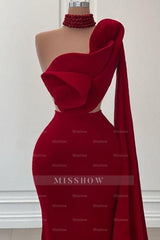 Fabulous Long Burgundy One Shoulder Mermaid Sleeveless Prom Evening Dresses with Ruffles