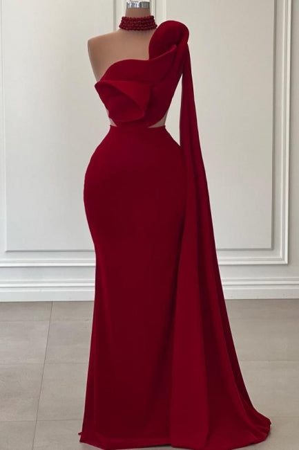 Fabulous Long Burgundy One Shoulder Mermaid Sleeveless Prom Evening Dresses with Ruffles