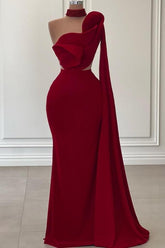 Fabulous Long Burgundy One Shoulder Mermaid Sleeveless Prom Evening Dresses with Ruffles