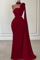 Fabulous Long Burgundy One Shoulder Mermaid Sleeveless Prom Evening Dresses with Ruffles