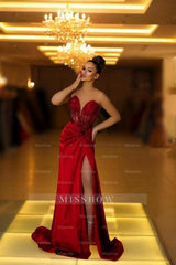 Fabulous Long Burgundy V-neck Lace Satin Prom Evening Dresses with Slit
