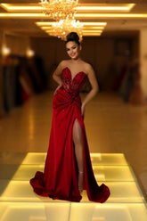 Fabulous Long Burgundy V-neck Lace Satin Prom Evening Dresses with Slit