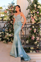 Fabulous Long Green Mermaid Spaghetti Straps Lace Satin Prom Evening Dresses