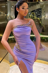 Fabulous Long Lilac Strapless Beading Mermaid Satin Prom Evening Dresses With Slit