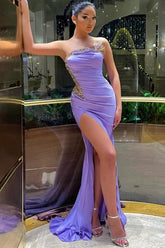 Fabulous Long Lilac Strapless Beading Mermaid Satin Prom Evening Dresses With Slit