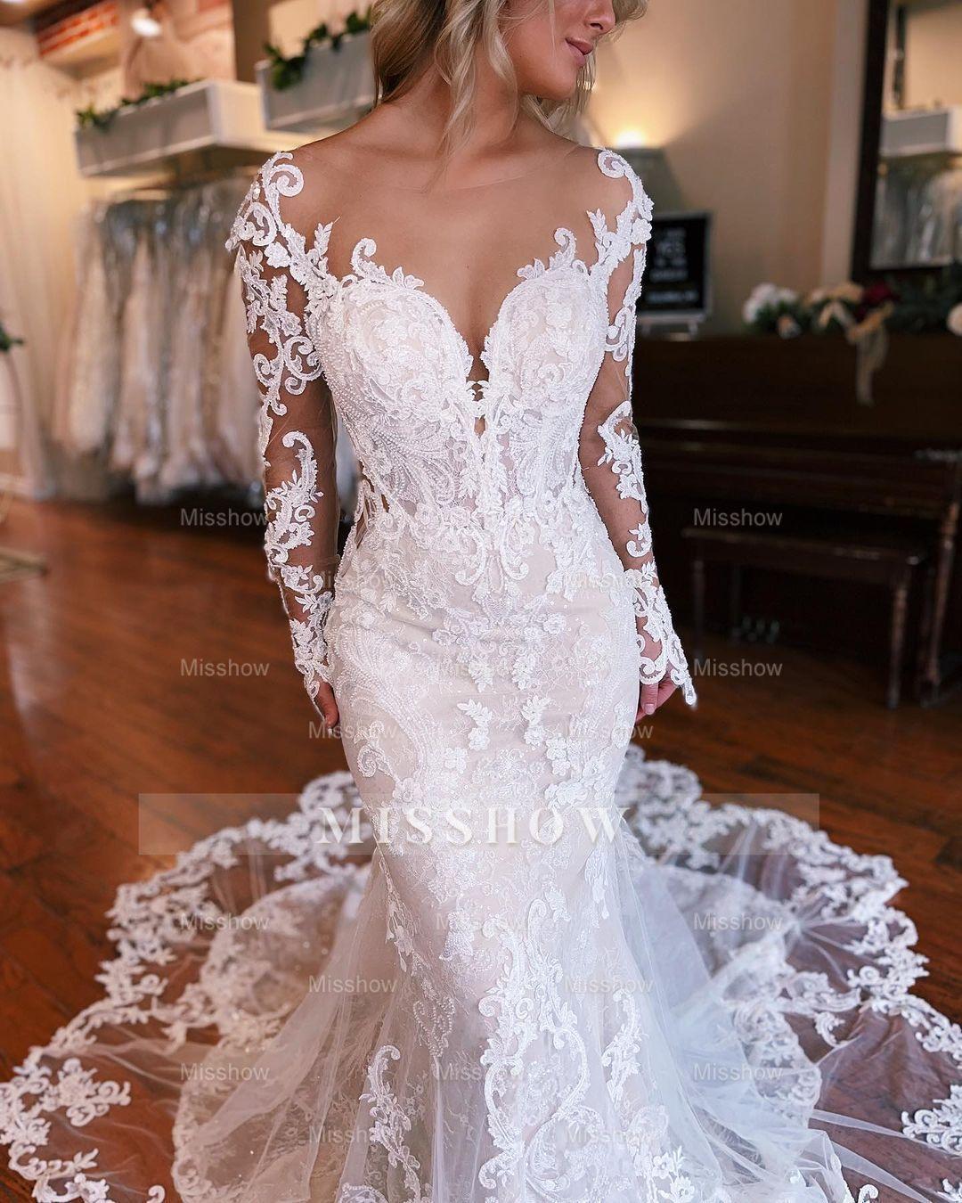 Fabulous Long Mermaid Backless V-neck Lace Wedding Dress With Detachable Train
