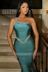 Fabulous Long Mermaid Green One Shoulder Sleeveless Prom Evening Dresses with Glitter