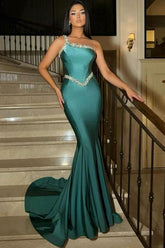 Fabulous Long Mermaid Green One Shoulder Sleeveless Prom Evening Dresses with Glitter