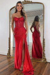 Red strapless split-front mermaid prom dress