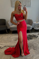 Fabulous Long Red Mermaid Speghetti Straps Two-piece Prom Dress with Slit