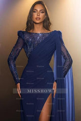 Fabulous Long Royal Blue Mermaid Chiffon Lace Split Prom Evening Dresses With Long Sleeves
