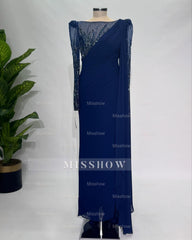 Fabulous Long Royal Blue Mermaid Chiffon Lace Split Prom Evening Dresses With Long Sleeves