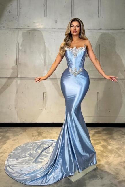 Fabulous Mermaid Satin Sleeveless Prom Evening Dresses With Rhinestone