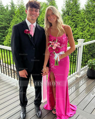 Fuchsia v-neck split-front column prom dress