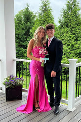Hot pink v-neck front-split column prom dress