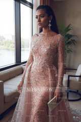 Fabulous Pink Mermaid Crew Long Sleeve Beaded Panel Train Tulle Evening Dresses With Appliques