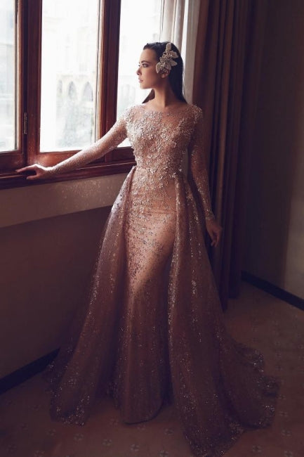 Fabulous Pink Mermaid Crew Long Sleeve Beaded Panel Train Tulle Evening Dresses With Appliques