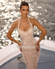 Fabulous Pink Mermaid Halter Strapless Sleeveless Beaded Pearls Long Prom Dresses With Detachable Train