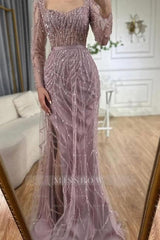 Fabulous Pink Mermaid Square Sequined Long Sleeves Detachable Tulle Sweep Train Satin Evening Dresses With Slit