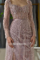 Fabulous Pink Mermaid Square Sequined Long Sleeves Detachable Tulle Sweep Train Satin Evening Dresses With Slit