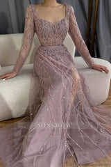 Fabulous Pink Mermaid Square Sequined Long Sleeves Detachable Tulle Sweep Train Satin Evening Dresses With Slit