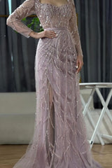 Fabulous Pink Mermaid Square Sequined Long Sleeves Detachable Tulle Sweep Train Satin Evening Dresses With Slit