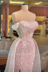 Fabulous Pink Mermaid Strapless Off-The-Shoulder Sleeveless Sequined Panel Train Tulle Prom Dresses With Slit