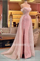 Fabulous Pink Mermaid Strapless Off-The-Shoulder Sleeveless Sequined Panel Train Tulle Prom Dresses With Slit