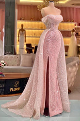 Fabulous Pink Mermaid Strapless Off-The-Shoulder Sleeveless Sequined Panel Train Tulle Prom Dresses With Slit