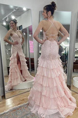 Fabulous Pink Mermaid Sweetheart Halter Spaghetti Strap Sleeveless Lace Long Tulle Split Front Prom Dresses