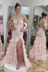Fabulous Pink Mermaid Sweetheart Halter Spaghetti Strap Sleeveless Lace Long Tulle Split Front Prom Dresses