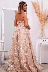 Fabulous Pink Strapless A-Line Sleeveless Lace-Up Long Tulle Evening Dresses With Appliques