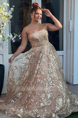 Fabulous Pink Strapless A-Line Sleeveless Lace-Up Long Tulle Evening Dresses With Appliques