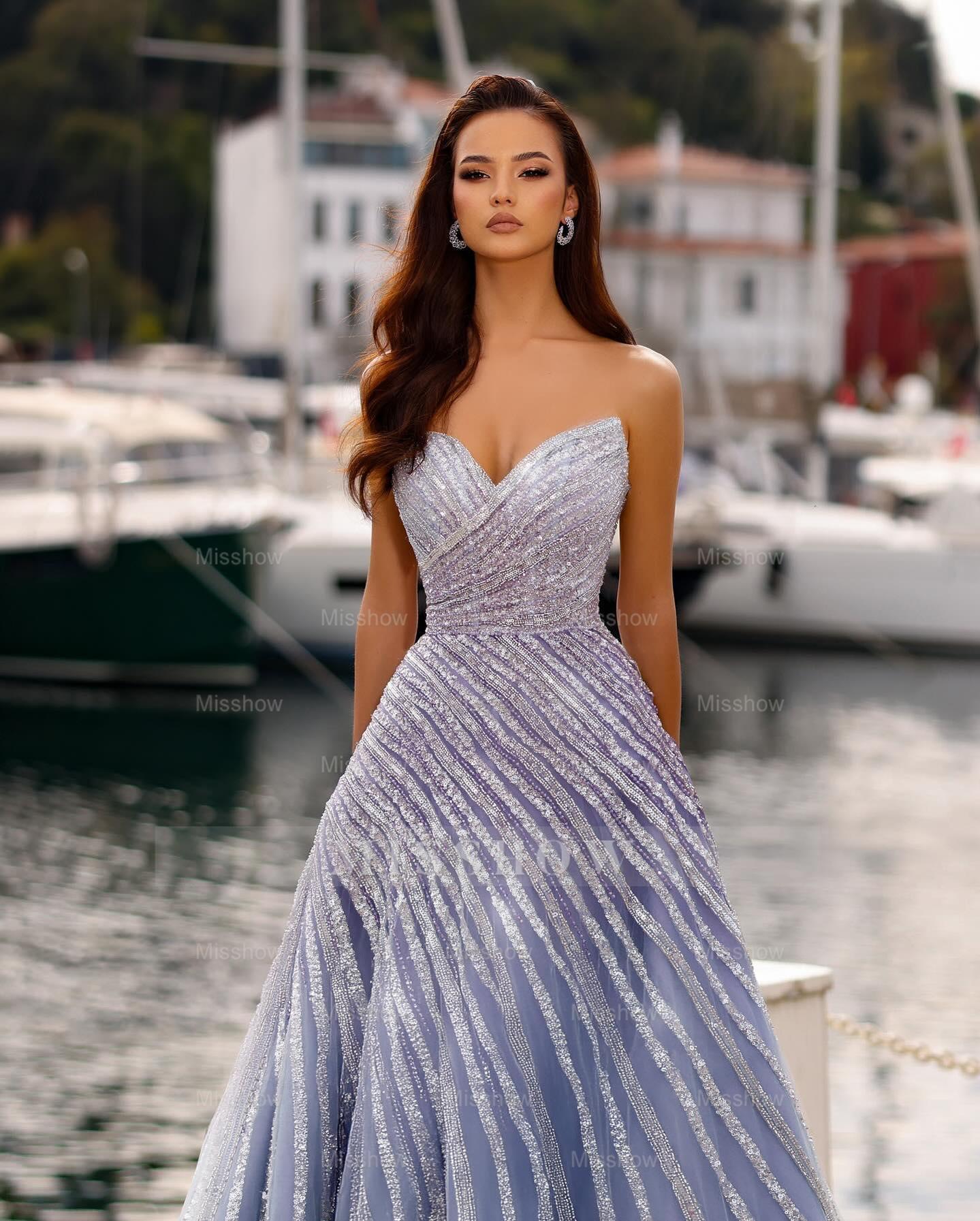 Fabulous Purple A-Line Sweetheart Strapless Sleeveless Sequined Floor-Length Tulle Prom Dresses