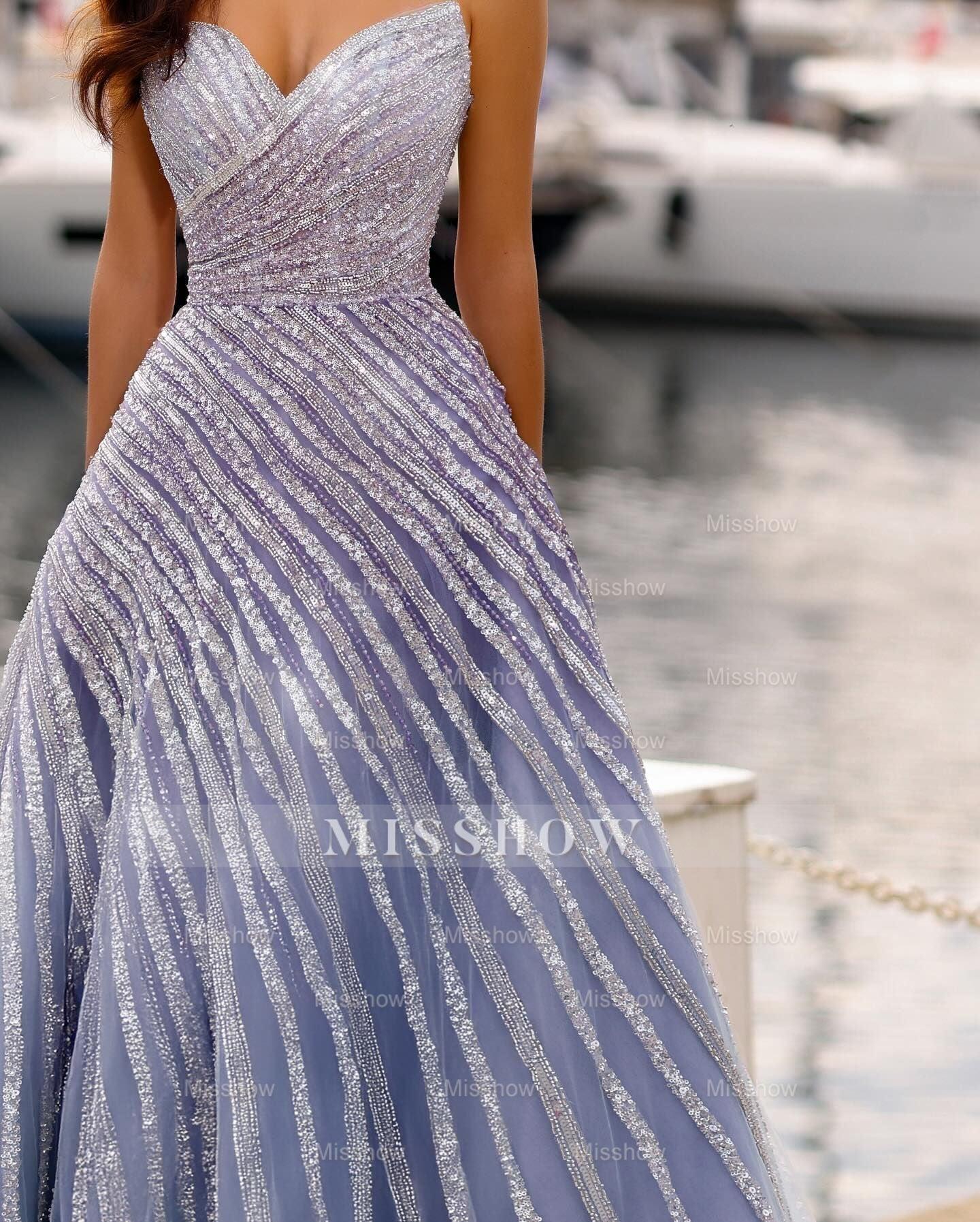 Fabulous Purple A-Line Sweetheart Strapless Sleeveless Sequined Floor-Length Tulle Prom Dresses