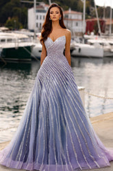 Fabulous Purple A-Line Sweetheart Strapless Sleeveless Sequined Floor-Length Tulle Prom Dresses
