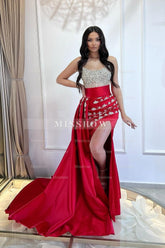 Fabulous Red Strapless Mermaid Beaded Sleeveless Split Front Ruffle Panel Train Satin Prom Dresses With Rhinestone