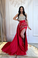 Fabulous Red Strapless Mermaid Beaded Sleeveless Split Front Ruffle Panel Train Satin Prom Dresses With Rhinestone