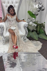 Fabulous Silver Mermaid Sequined Sleeveless Prom Dress with Slit and Beads