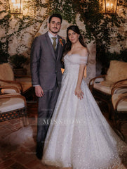 Fabulous White A-Line Lace Off-The-Shoulder Sleeveless Tulle Wedding Dresses
