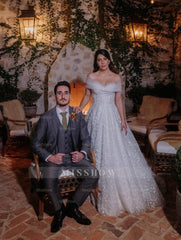 Fabulous White A-Line Lace Off-The-Shoulder Sleeveless Tulle Wedding Dresses