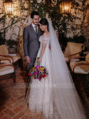 Fabulous White A-Line Lace Off-The-Shoulder Sleeveless Tulle Wedding Dresses