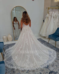 Fabulous White A-Line Spaghetti Straps V-Neck Sleeveless Lace Chapel Train Lace Wedding Dress With Appliques